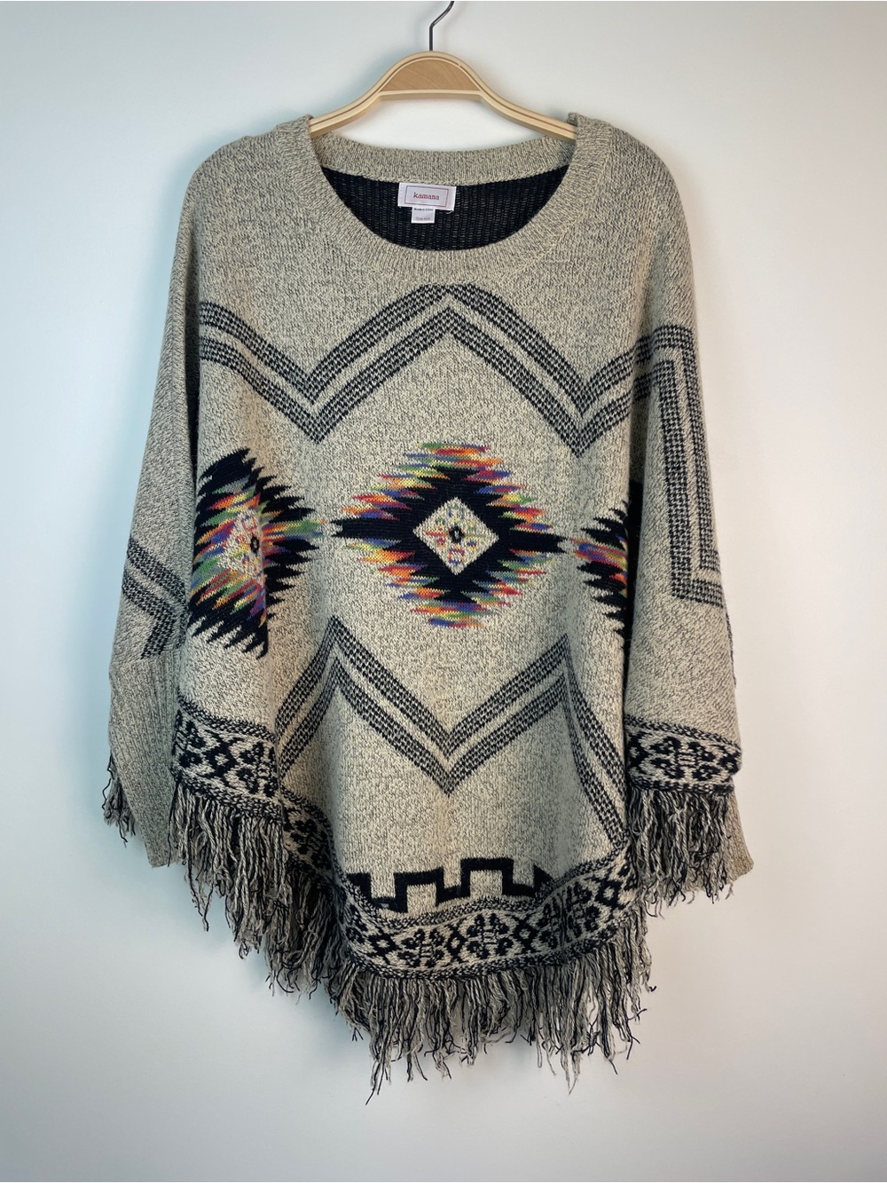 Kamana Cream Aztec Fringe Poncho Sweater